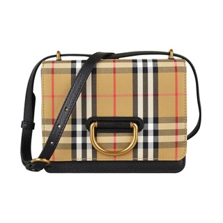 BURBERRY SM D-RING金字壓印LOGO金D扣復古格紋設計帆布牛皮飾邊釦式斜背包(黑)