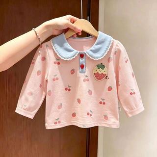 Mimo⭐春秋季卡通可愛女孩兒童裝寶寶草莓娃娃領長袖T恤polo衫上衣