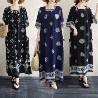 ♞,♘,♙Retro Printed Mom Cotton Silk Dress Women's Summer Mid-