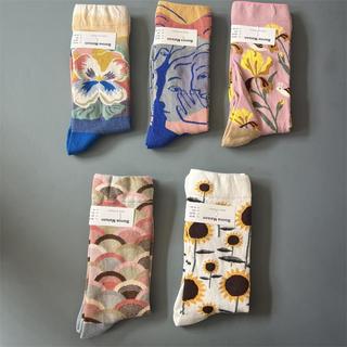 新品Bonne Maison純棉油畫襪子潮襪復古趣味男女中筒襪子