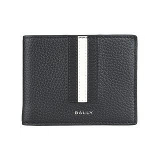 BALLY Ribbon 字母燙銀LOGO小牛皮黑白直條內搭尼龍6卡對折短夾(男款/黑)