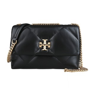 TORY BURCH KIRA復古雙T金屬LOGO大菱格縫線設計納帕皮革鏈帶吸釦式肩背斜背雲朵包(黑)