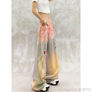 個性數碼印花牛仔褲 水洗休閒闊腿褲 高腰寬鬆顯瘦 女裝秋季直筒長褲 百搭修身設計 時尚數碼圖案
