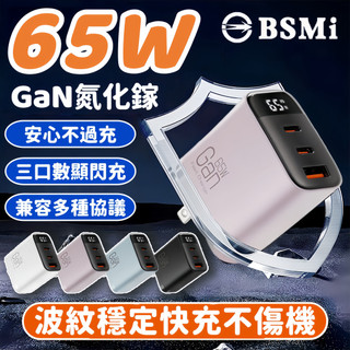 氮化鎵65W充電頭 數顯快充頭 PD快充頭 三孔同充 Type C充電器 適用 iPhone 蘋果 OPPO 多孔豆腐頭