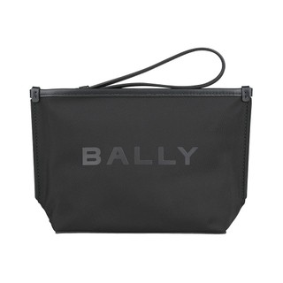 BALLY 霧黑字母LOGO尼龍滾邊小牛皮腕帶拉鍊手拿包(黑)