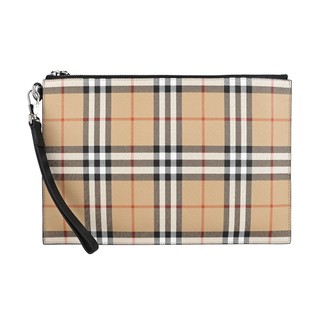 BURBERRY EDIN內燙銀LOGO格紋設計PVC男士拉鍊手拿包(典藏米)