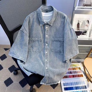 【MR.男先生】臺灣出貨 免運 男夏 牛仔襯衫 牛仔 短袖襯衫男 夏季 韓版潮流 青少年複古 休閒bf風寬鬆開衫半袖