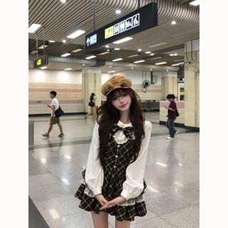 日系女裝 森系女裝 日系森林系 日系服飾 日系洋裝 森林系服飾 偵探秋季蝴蝶結新款格紋甜美可愛拼接學院兩件套連衣裙斗篷套