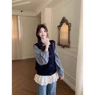 日系女裝 森系女裝 日系森林系 日系服飾 森林系女裝 森林系服飾 復古減齡學院風套裝女春夏圓領針織開衫馬甲搭花邊格子襯衫