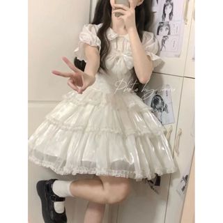 日系女裝 森系女裝 日系森林系 日系服飾 森林系女裝 森林系服飾 夏季套裝女學生娃娃領襯衣+可愛蝴蝶結白色網紗吊帶裙兩件
