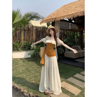 日系女裝 森系女裝 日系森林系 日系服飾 森林系女裝 森林系服飾 夏季度假風套裝氣質別緻一字領T恤上衣休閒闊腿褲女夏搭配