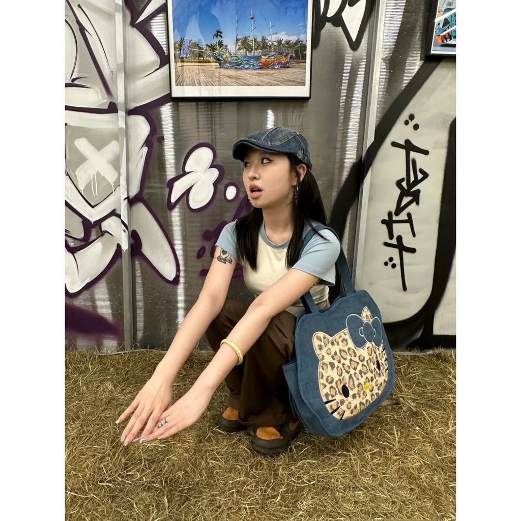 【新款豹紋Kitty單肩包】Kitty 包包 Kitty 托特包 Kitty包 Kitty帆布袋 外出包 帆布袋 托特包