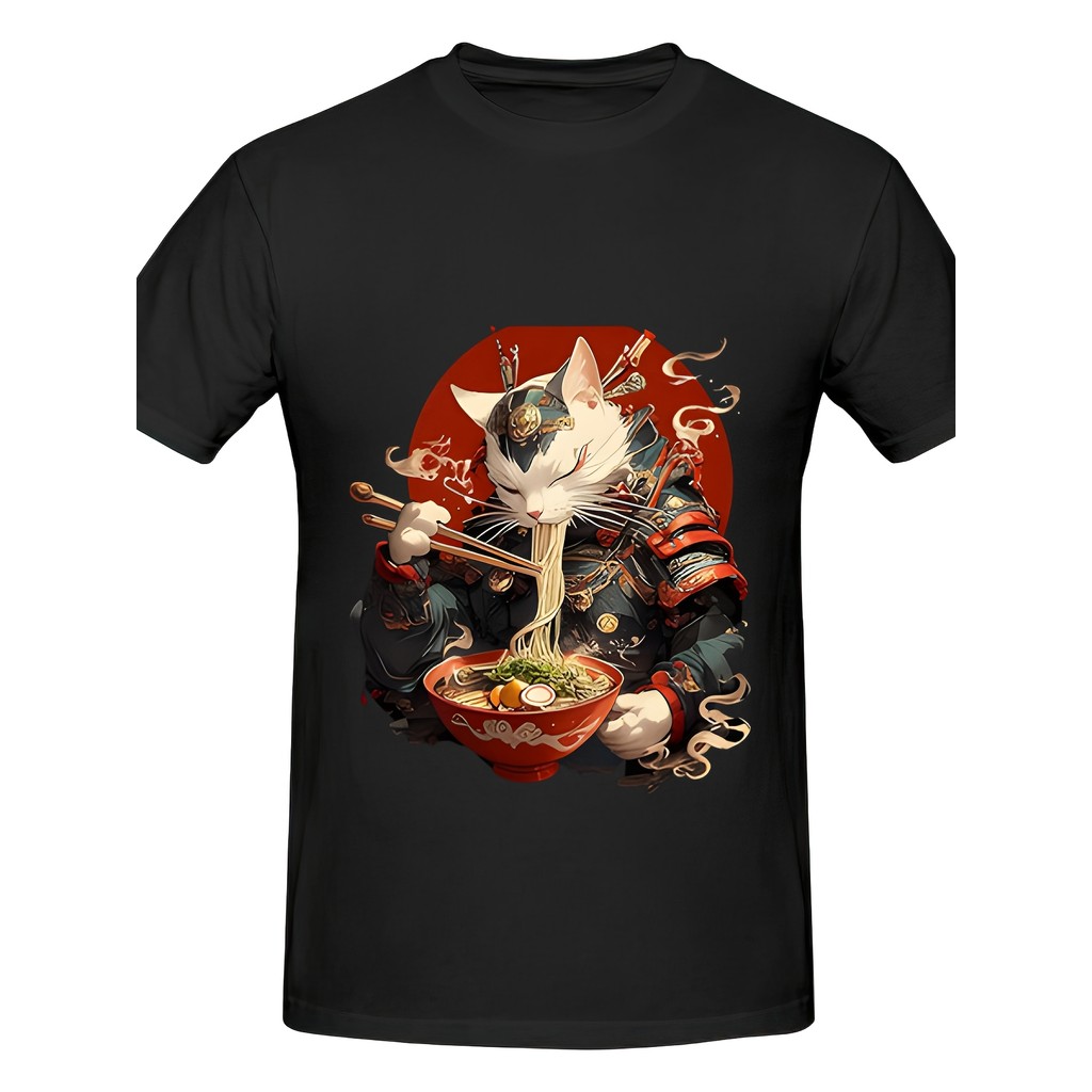 男士武士貓拉麵 T 恤 - 日本動漫武士貓吃拉麵圖案 T 恤 - 紅色背景黑色襯衫 - 送給動漫迷、武士、美食家的有趣禮