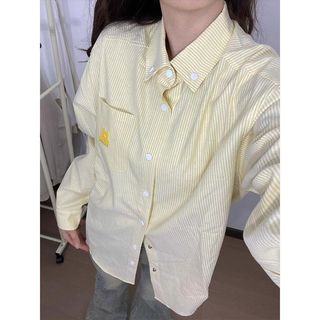 MeetYou 甜辣風女裝 黃色上衣 設計感上衣 短袖襯衫 日系女裝美式復古黃色條紋刺繡長袖2025襯衫外套寬鬆休閒開衫