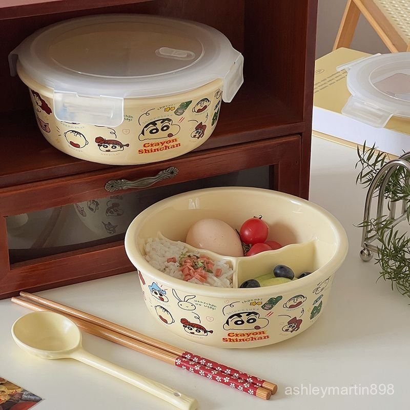 ⭐限時特賣⭐ 碗 湯碗 飯碗 蠟筆小新日式飯盒陶瓷帶蓋宿捨用飯碗學生微波爐ins風可愛分餐碗
