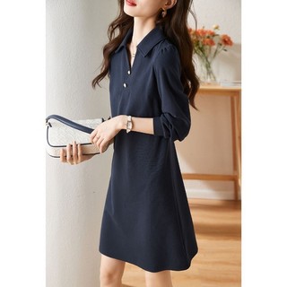 休閒polo領連衣裙女春秋2025新款休閒簡約百搭女氣質長袖衛衣裙 POLO領連身裙女 中長版洋裝 早春長袖洋裝