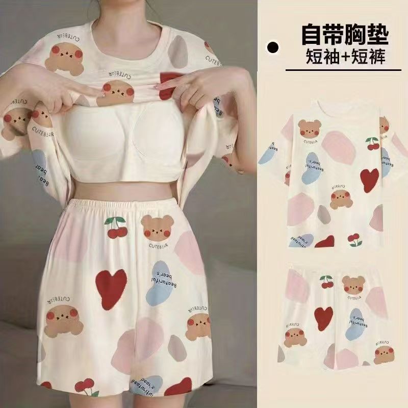 【時尚衣服】帶胸墊睡衣短袖短褲套裝女生春夏季韓版寬鬆顯瘦大尺碼家居服可外穿