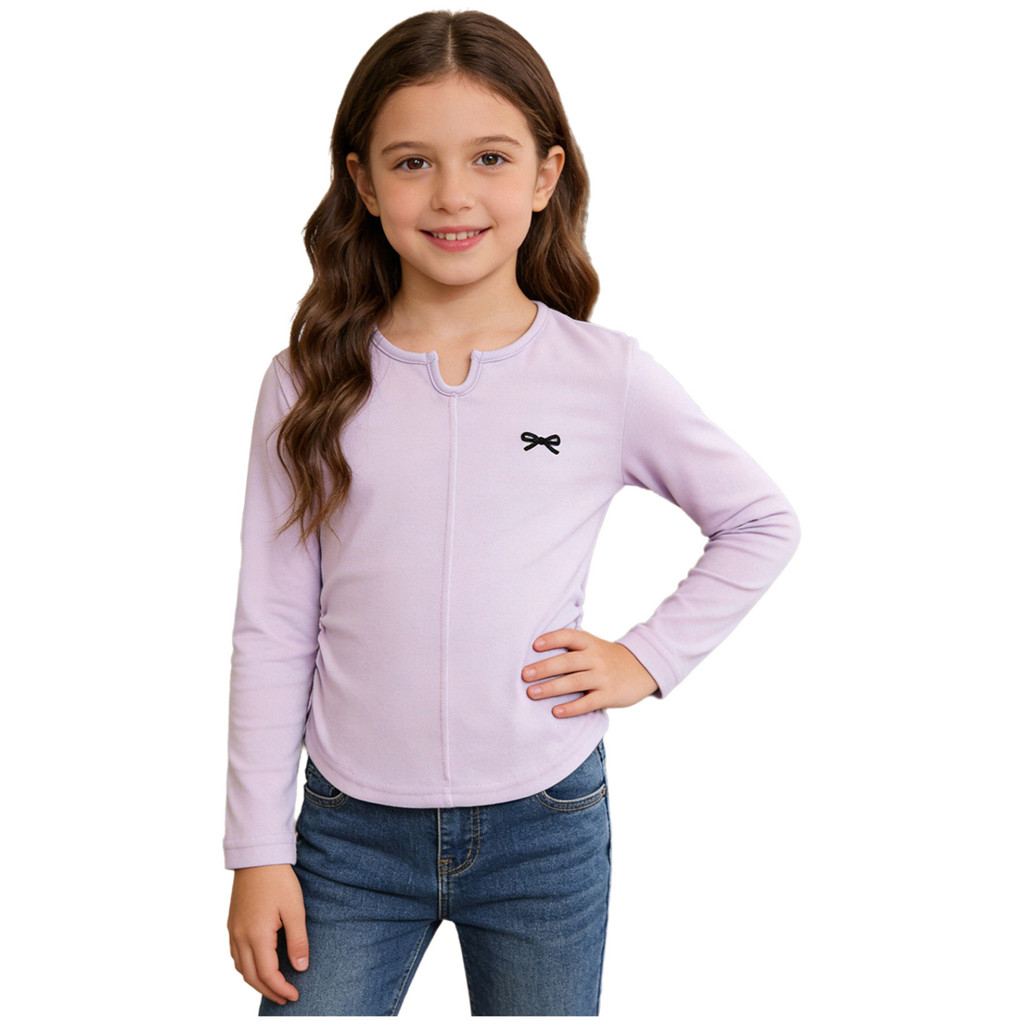 Fldy 女童長袖T恤衣服春秋款蝴蝶結刺繡T恤兒童&039's衣服兒童內衣打底衫