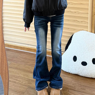 修身牛仔褲 拖地褲 微喇褲 美式複古摺痕牛仔褲女韓版秋冬新款ins修身微喇顯瘦拖地褲 韓版牛仔服飾 大尺碼長褲 新款女裝