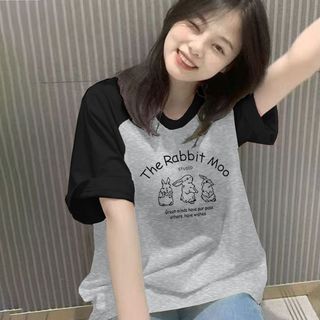 【Sugar】夏季短袖t恤女生上衣短袖上衣女夏季新款大碼女裝短袖T恤插肩撞色螺紋寬鬆顯瘦減齡百搭上衣短袖T恤女夏季短袖女