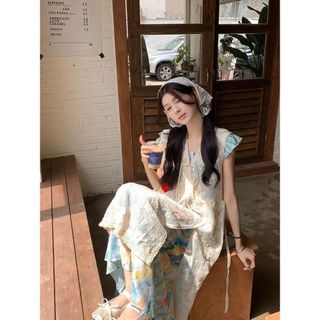 日系女裝 森系女裝 日系森林系 日系服飾 森林系女裝 森林系服飾 復古套裝女彩色油畫連衣裙度假風夏季鉤花蕾絲罩衫背心裙兩
