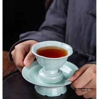 仿宋青瓷葵口茶杯 景德鎮 手工雕刻 影青茶盞 主人杯 品茗杯 蓮花盞karen_125