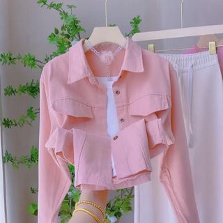 會琴服飾 ins 韓版 粉色Polo領斜紋襯衫外套女春秋新款設計感短款小個子休閒百搭襯衣