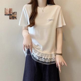 芭蕾風上衣 蕾絲上衣 仙氣上衣 甜美風女裝 可愛襯衫 蝴蝶結上衣 森林系短袖t恤女夏季蕾絲拼接芭蕾風時尚短款小上衣高級感
