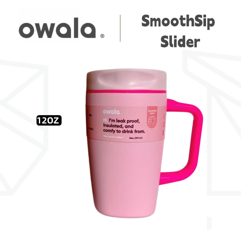 100% 防漏 Owala SmoothSip 滑塊 12 盎司絕緣旅行杯 - 帶手柄的不銹鋼咖啡杯,雙層真空絕緣,不含