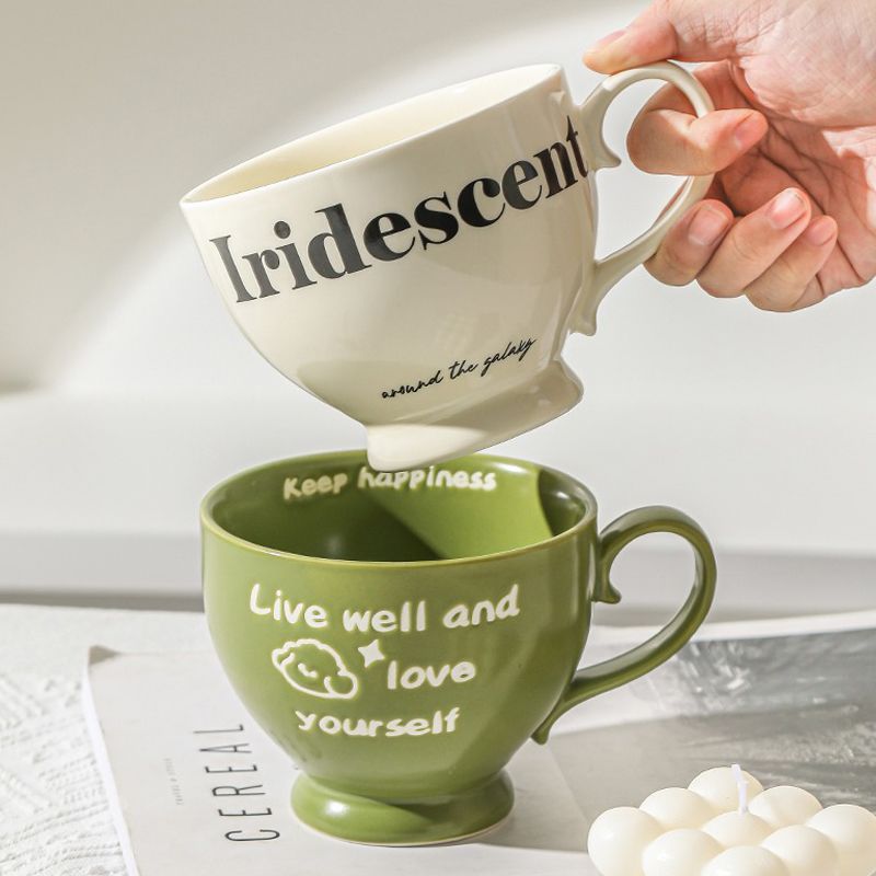 奶油高腳情侶馬克杯 高顏值陶瓷水杯 大容量早餐牛奶杯子家用燕麥杯  馬克杯 早餐燕麥杯 陶瓷杯 飲水杯 咖啡杯 交換禮物