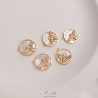 Ala----鑲母貝圓牌掛件14K包金保色鋯石蜜蜂吊墜diy手鏈項鏈飾品吊墜掛飾