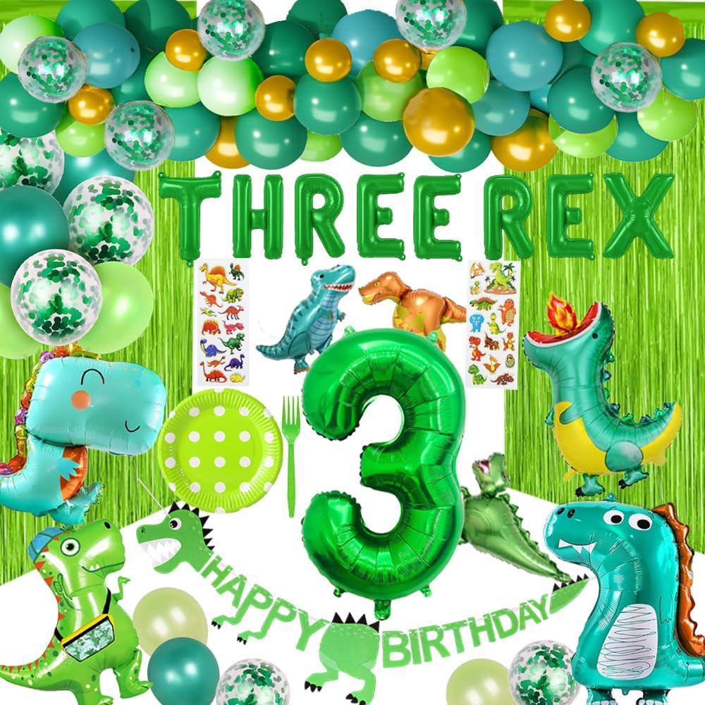 三個雷克斯生日派對裝飾,男孩和女孩的恐龍 3 歲生日派對用品,包括 10 個服務盤、叉子、橫幅、流蘇窗簾、三個雷克斯氣球