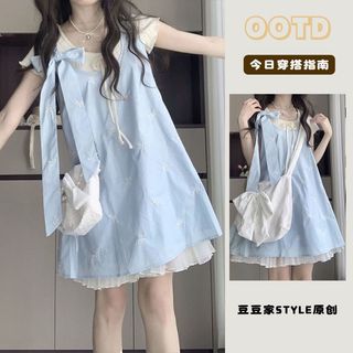 W.Mei 日系女裝 森系女裝 日系森林系 日系服飾 森林系女裝 森林系服飾 套裝甜美清新蝴蝶結背帶連衣裙+綁帶針織上衣