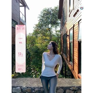 臺灣出貨#【Fart Shop】梔子味初戀 深V收腰針織女秋冬蝙蝠袖帶絨內搭上衣#免運