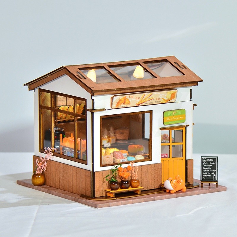DIY miniature dollhouse Bakery woodenhouse kit with LED
