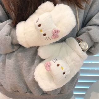 ✨臺灣出貨✨ins少女心可愛卡通蝴蝶結Kitty貓公仔手套毛絨防寒掛脖手套情侶款