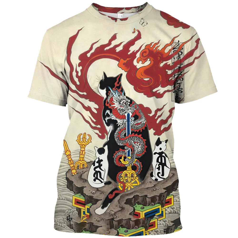 夏季時尚休閒酷武士貓圖案 t 恤男士潮流趣味嘻哈原宿街頭休閒印花短袖