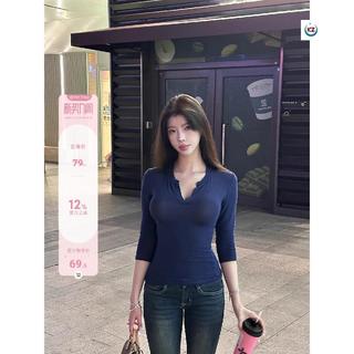 臺灣出貨#【Fart Shop】藏青色長袖T恤女秋季純欲風微透高彈半開領修身上衣#免運
