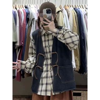 日系女裝 森系女裝 日系森林系 日系服飾 日系洋裝 法式復古設計感小眾牛仔坎肩女學生早秋款外穿襯衫新款三件套裝