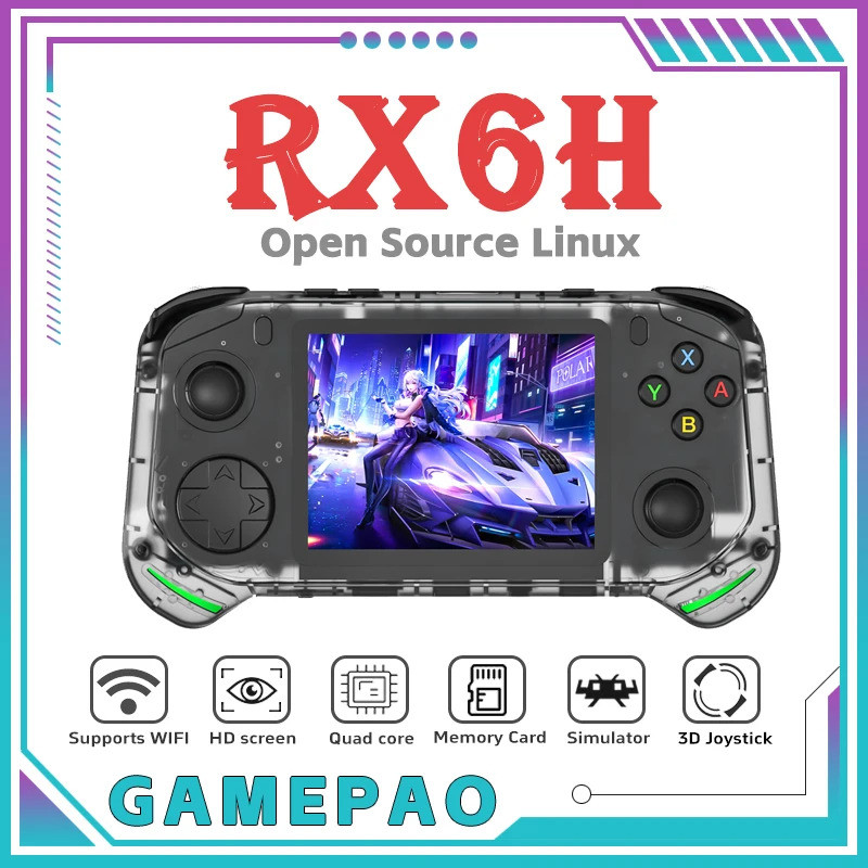 全新綠色 RX6H 復古手持遊戲機 Linux 系統 3.5 英寸 IPS 屏幕便攜式袖珍視頻播放器 64GB 128G