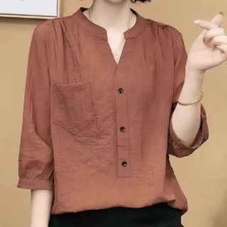 【Sugar】短袖襯衫女士襯衣女寬鬆夏季薄款大碼時尚設計氣質顯瘦純色中袖襯衫減齡上衣襯衣韓版女裝短袖上衣女