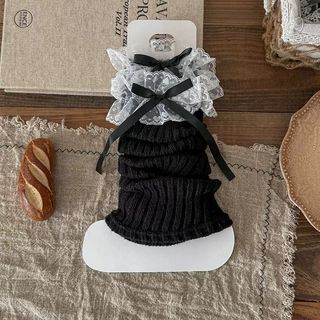 胖胖美依 襪子 保暖襪 長筒襪 襪子 秋冬針織蕾絲花邊蝴蝶結襪套日系JK甜美白色中筒堆堆襪腿套-12671.