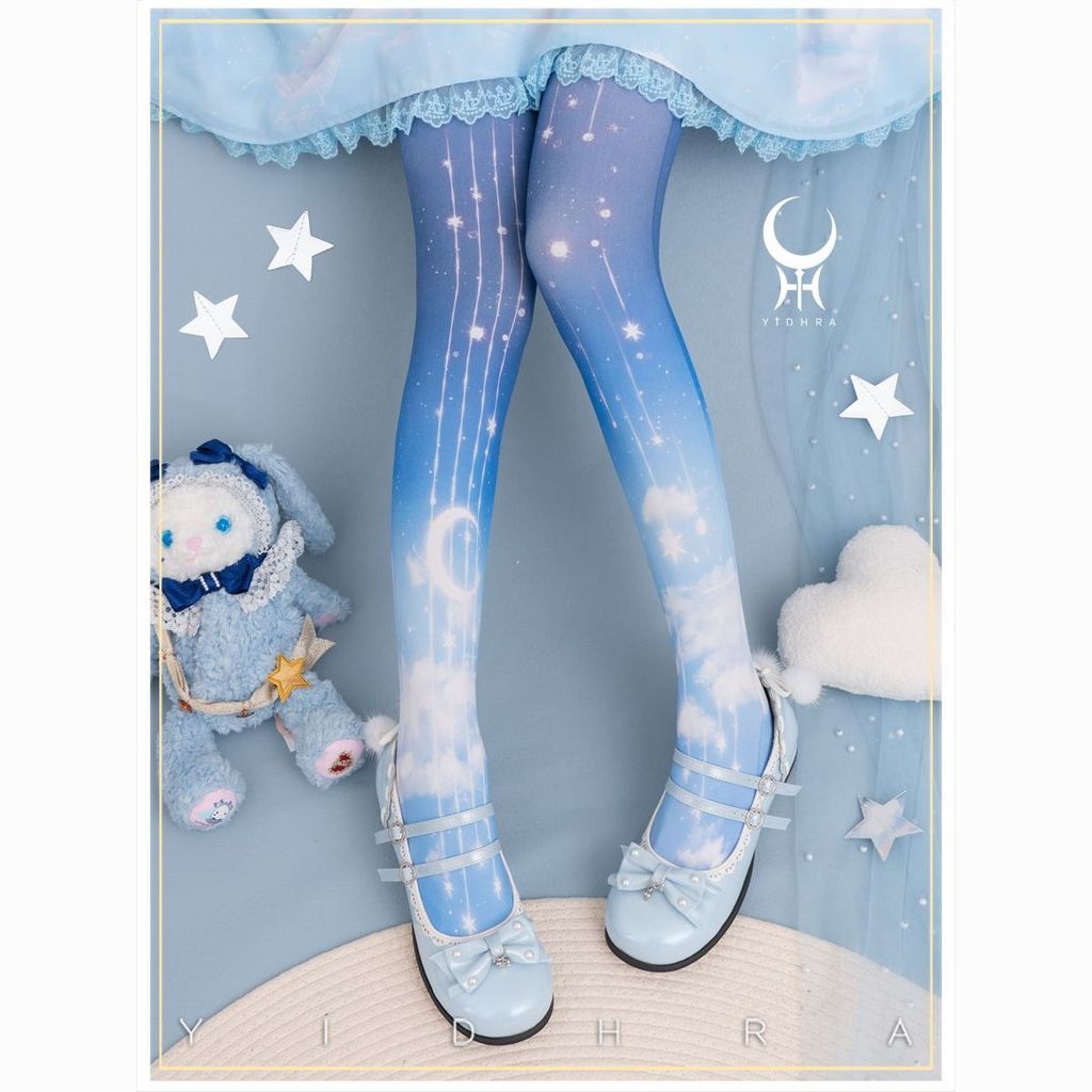 連褲襪 jk襪子 蕾絲 日系甜美 洛麗塔連褲襪{雲層之月}Yidhra夢之女巫原創Lolita雲朵印花連褲襪小白雲