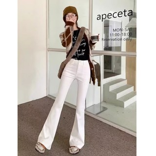 復古高腰牛仔褲 直筒褲 拖地褲 微喇褲 白色微喇叭牛仔褲女韓版ins馬蹄褲複古拖地褲 韓版牛仔服飾 大尺碼長褲 新款女裝