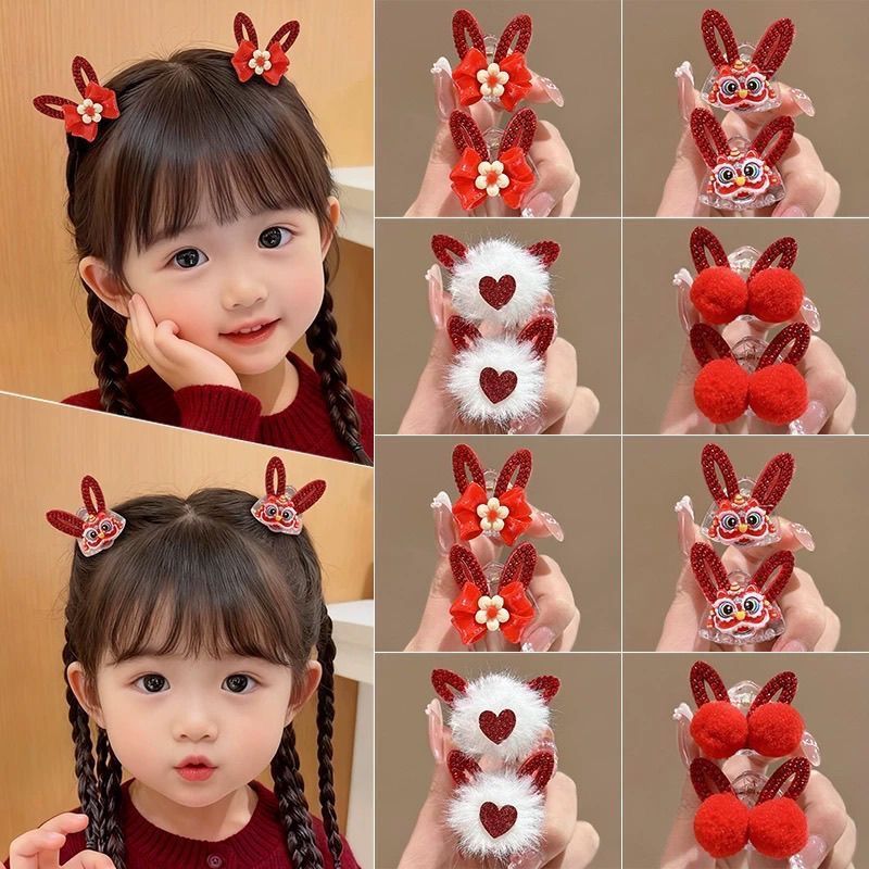 mori🎀mori新年紅色劉海小抓夾毛球醒獅蝴蝶結側邊夾髮夾女兒童過年頭飾髮卡