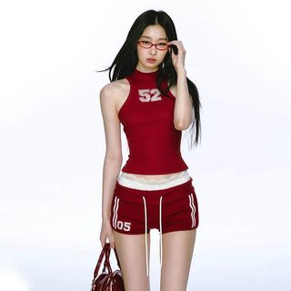 MeetYou 牛仔短褲 美式短褲 y2k A字褲 美式夏季新款ins辣妹修身運動背心女性感抽繩短褲女時尚兩件套裝