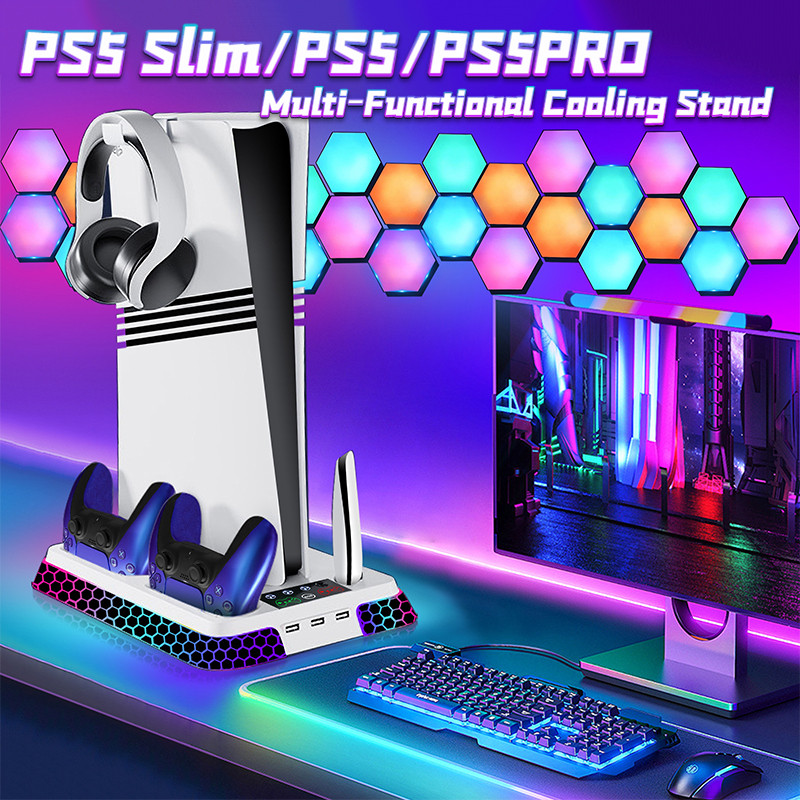 PS5 冷卻支架帶 RGB 燈,雙控制器充電站,適用於 PS5/PS5 Slim/PS5 Pro、3 個 USB 集線器