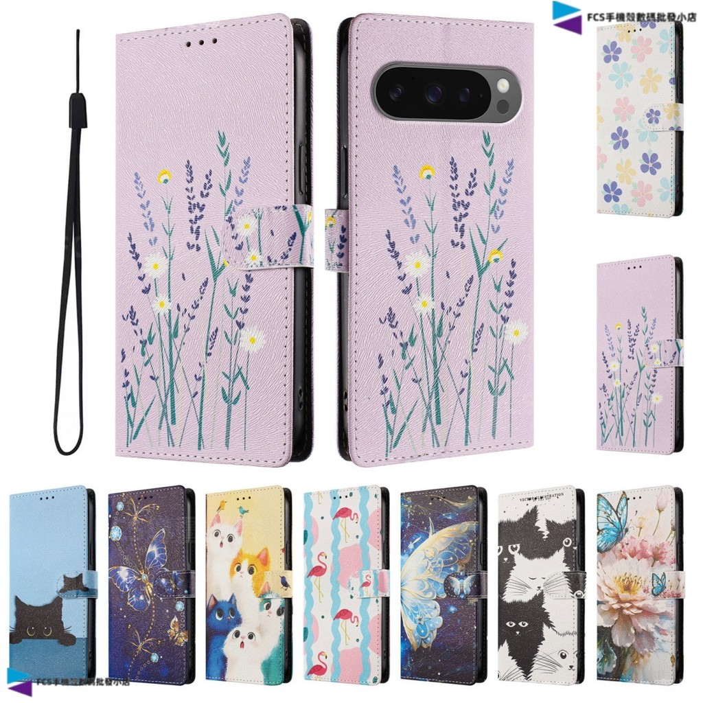 唯美花朵貓咪翻蓋手機皮套 Google Pixel 10 9 8 7 6 谷歌10A 9A 8A 7A 6A 插卡手機殼