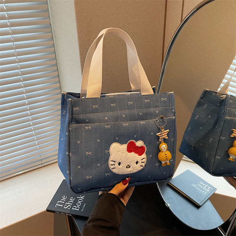 臺灣出貨🎈新款可愛帆布包簡約牛仔kitty手提包百搭便攜外出飯盒便當手拎包小新家🏠