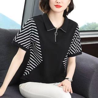 M·Lady短袖t恤女夏季新款半袖大碼寬鬆百搭體恤媽媽條紋POLO領上衣 短袖衣服 女生t恤 大碼上衣 媽媽裝